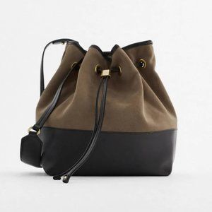 Zara Suede Faux Leather Brown and Black Drawstring Bucket Shoulder Bag